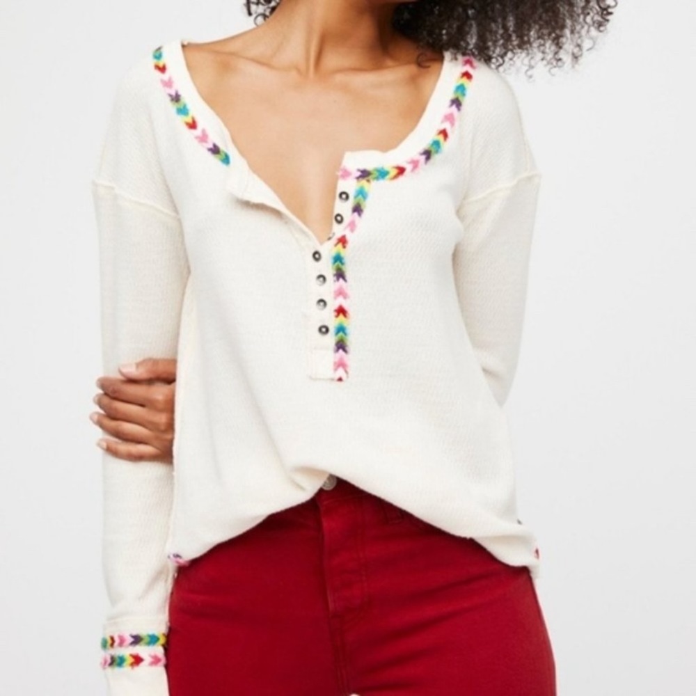 We the Free Rainbow Thermal Henley Top Ivory XS